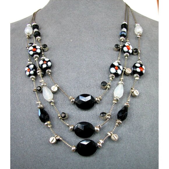 Black Multi-Strand Necklace With Faceted Beads Floral Accents & Silver-Tone Chai - Picture 1 of 4